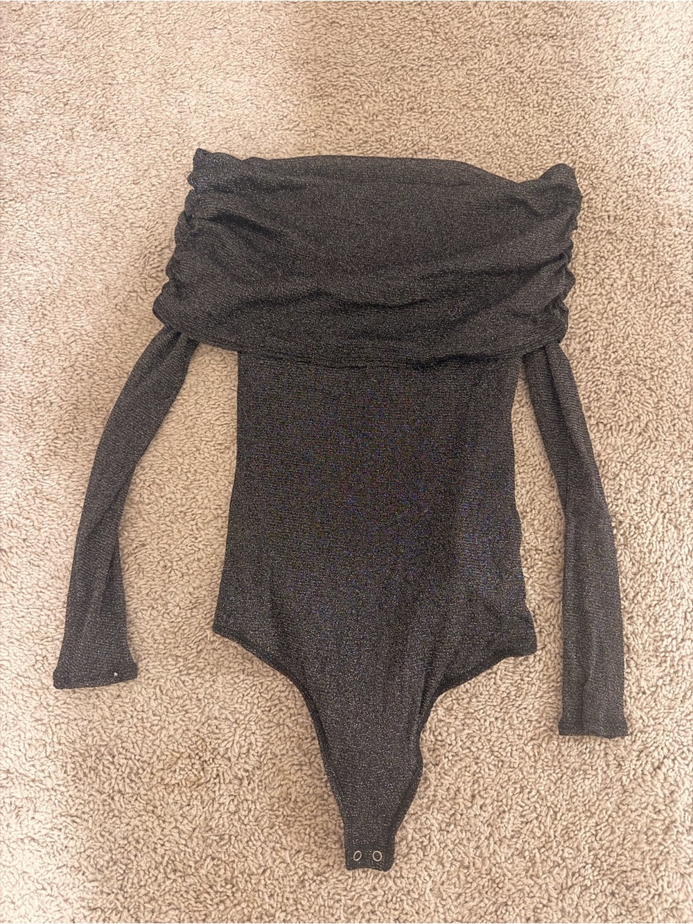 Off-Shoulder Long Sleeve One-Piece Bodysuit - Black/metallic